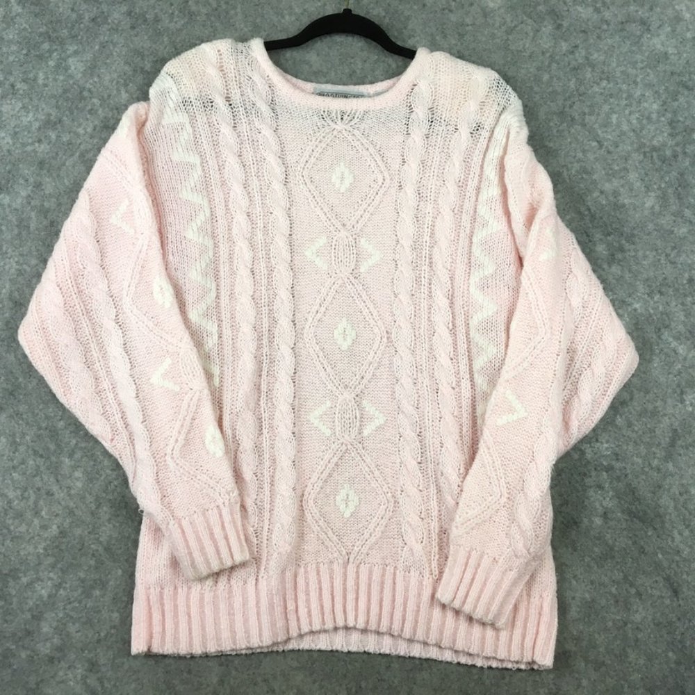 Vintage Grandma Sweater M Pastel Pink Cable Knit Oversized Balloon Sleeve White